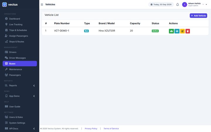 Admin Portal vehicle list screen