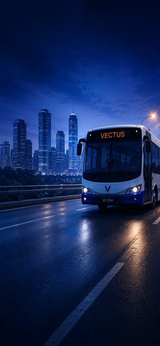 Vectus liveried bus on a city road at night