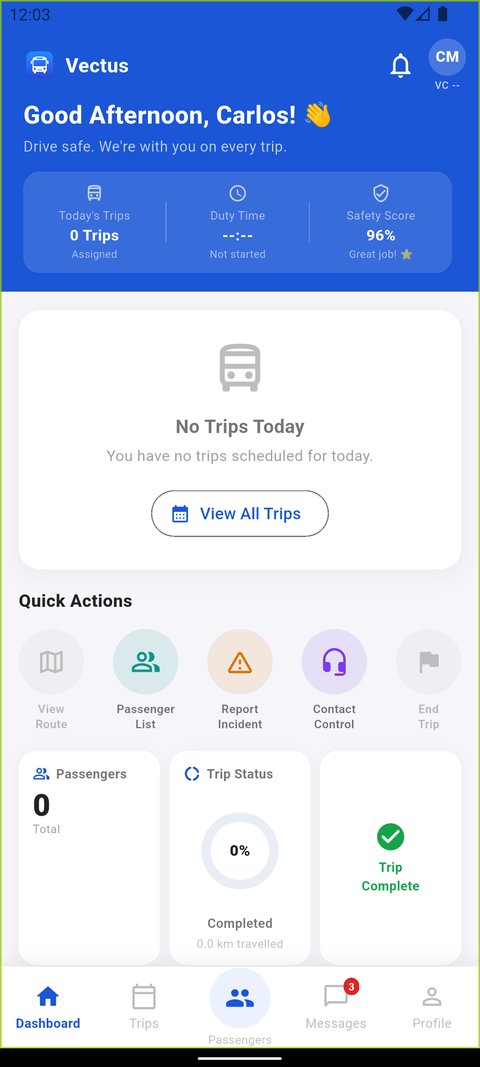 Driver App dashboard with today's trips and quick actions