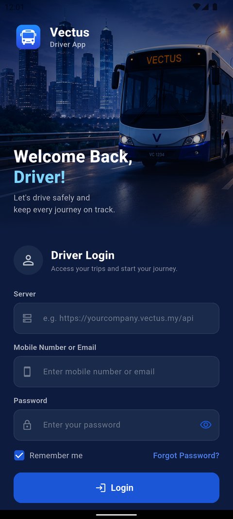 Driver App login screen with company server setup
