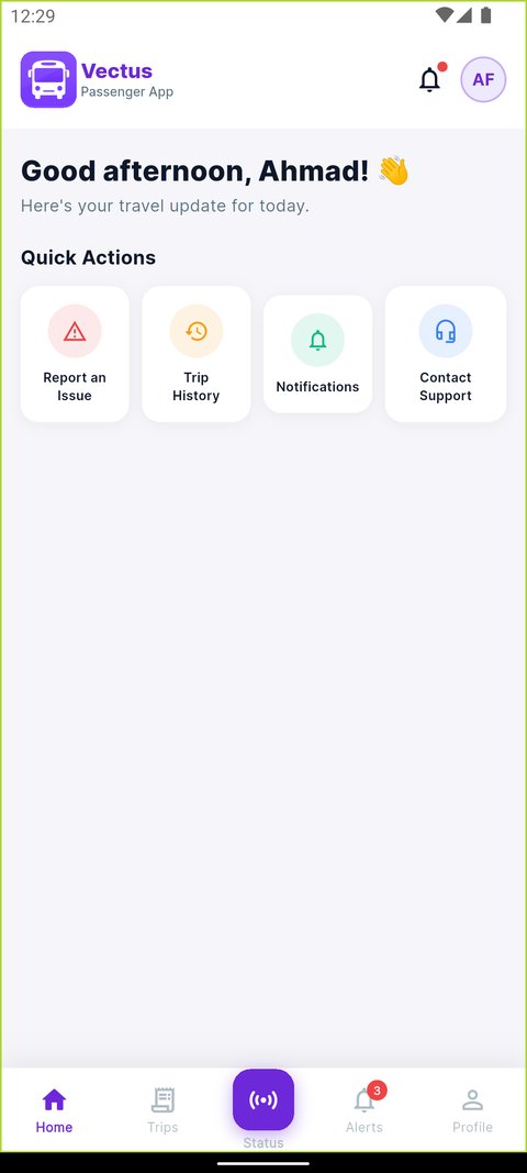 Passenger App dashboard with quick access to trip history
